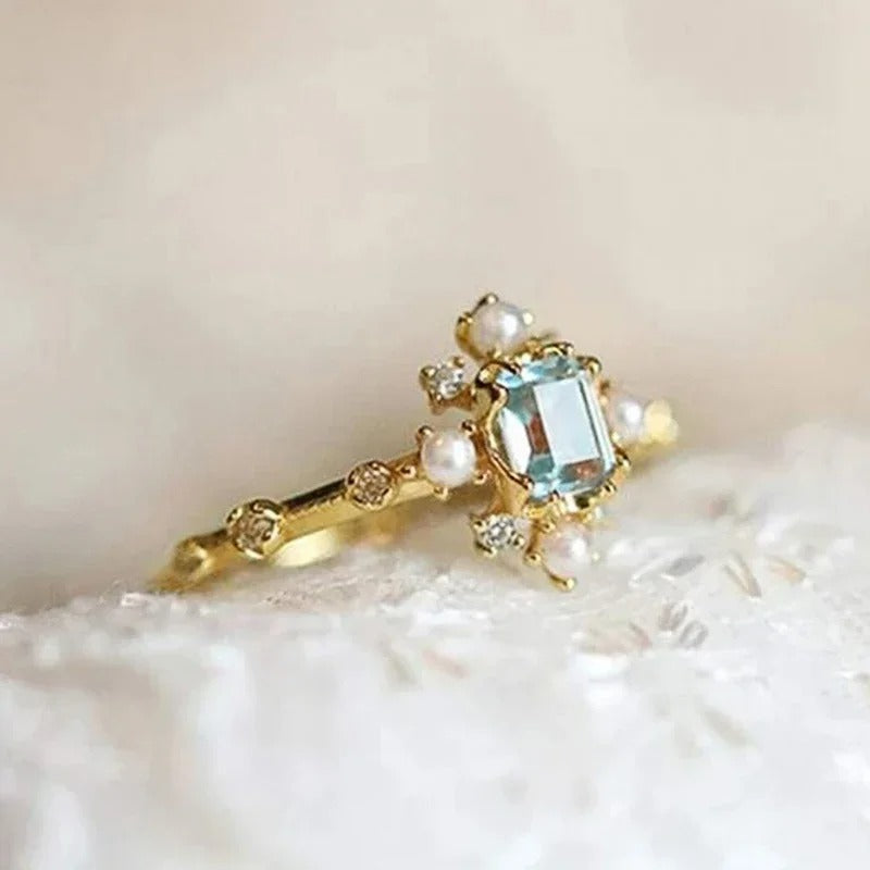 Vintage Sky Blue Gem Pearl Ring-Mialla Jewelry