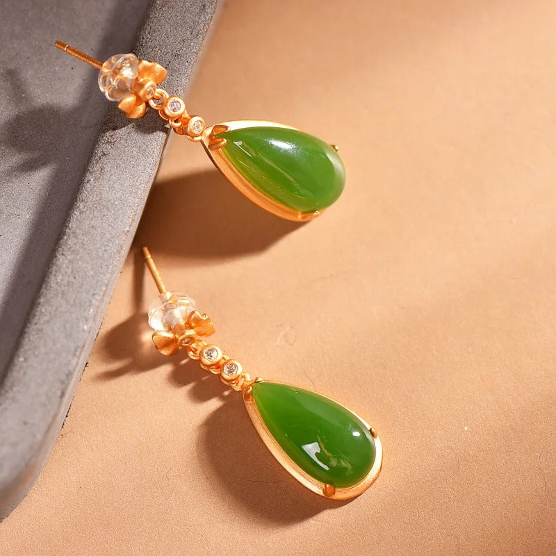 Classic Gold & Green Gemstone Inlaid Bow Crystal Dangle Earrings-Mialla Jewelry