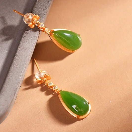 Classic Gold & Green Gemstone Inlaid Bow Crystal Dangle Earrings-Mialla Jewelry