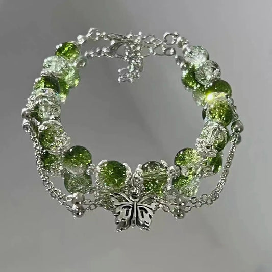 Vintage Silver Butterfly & Green Bead Bracelet-Mialla Jewelry