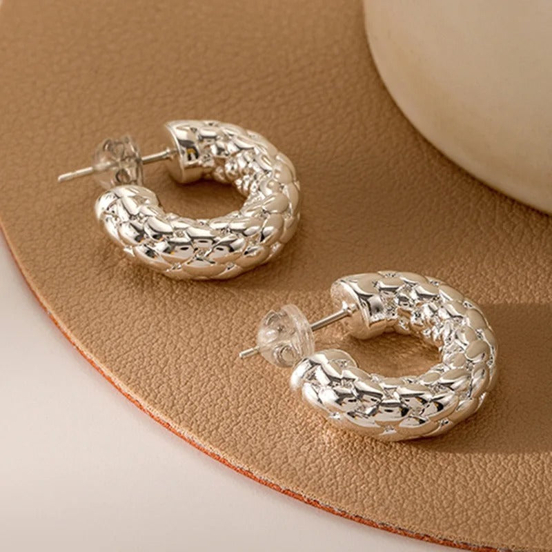 Silver Braided Round Hoop Earrings-Mialla Jewelry