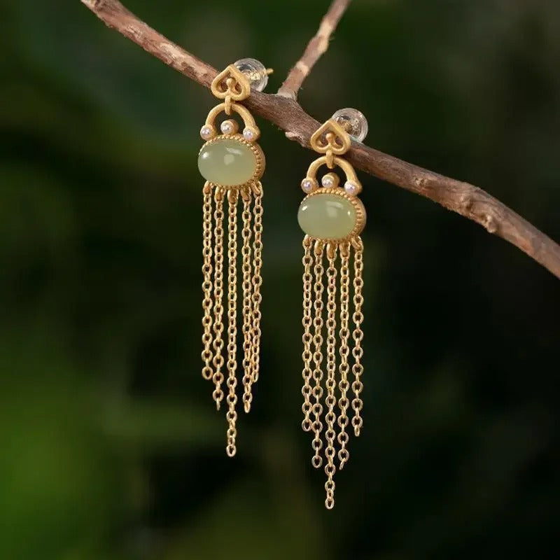 Classic Vintage Gold & Teardrop Oval Tassel Earrings-Mialla Jewelry