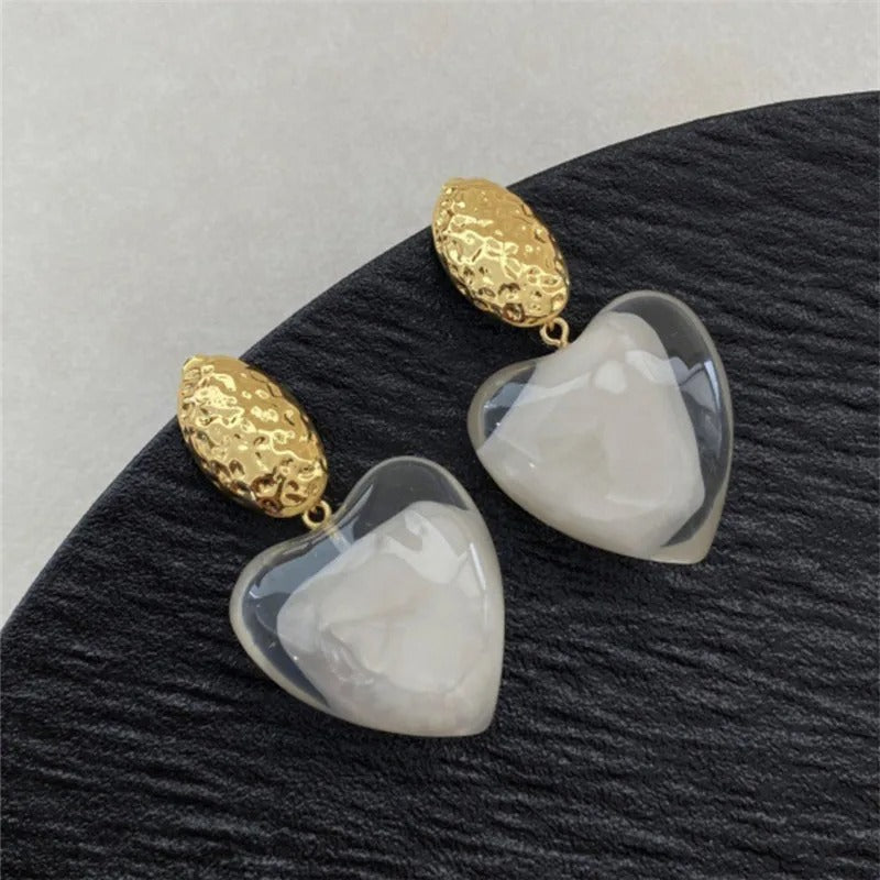 Classic Gold Heart-Cut Clear Resin & Textured Top Earrings-Mialla Jewelry