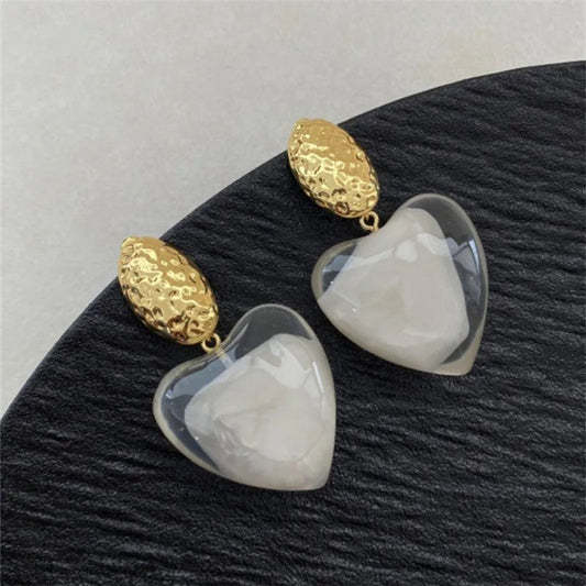 Classic Gold Heart-Cut Clear Resin & Textured Top Earrings-Mialla Jewelry