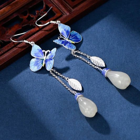 Vintage Silver & Tassel Blue Butterfly Earrings-Mialla Jewelry