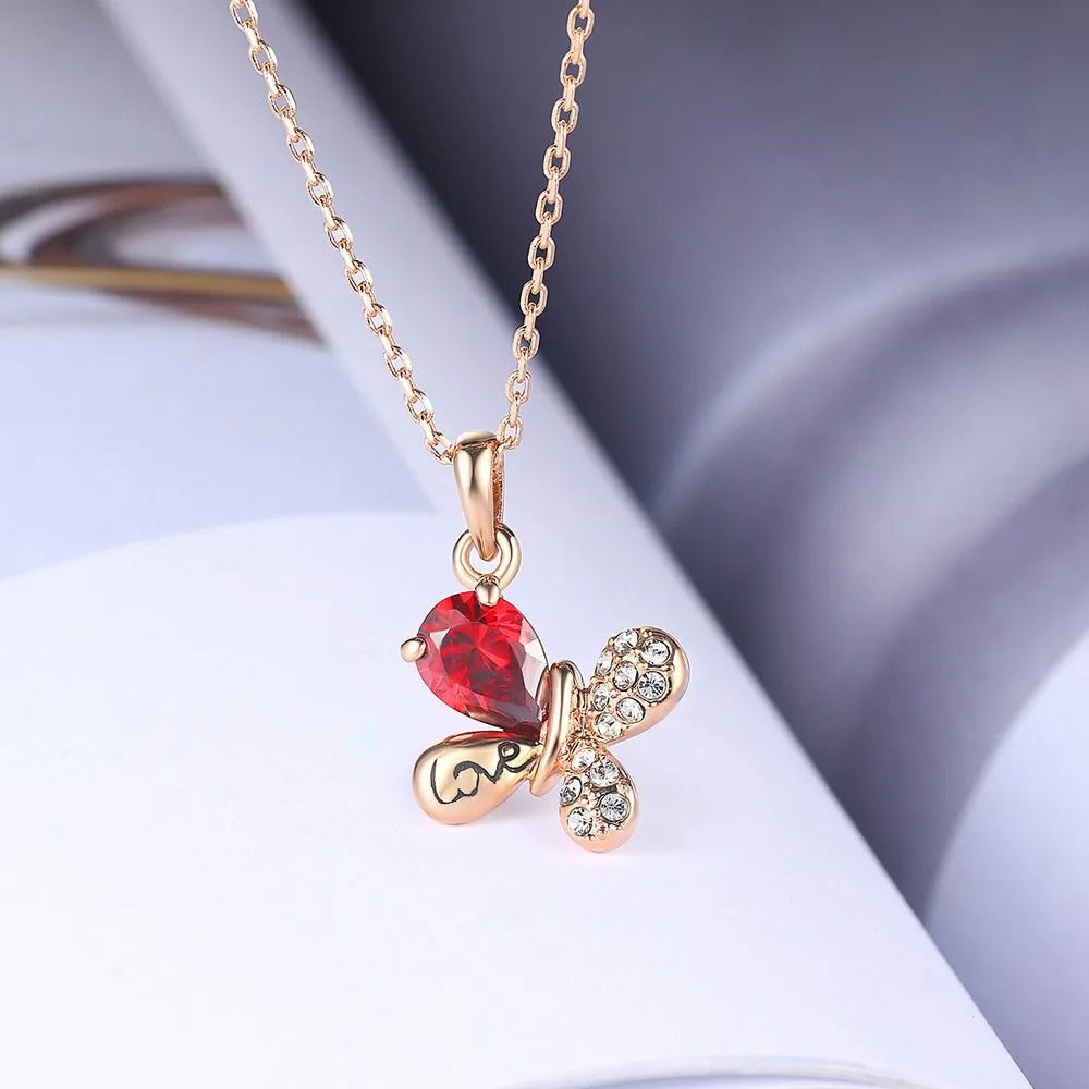 Rose Gold Heart-Shaped Red Gem Butterfly Pendant Necklace-Mialla Jewelry