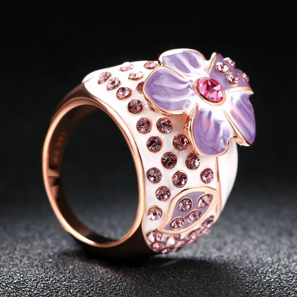 Classic Rose Gold Purple Floral Design & Crystal Ring-Mialla Jewelry