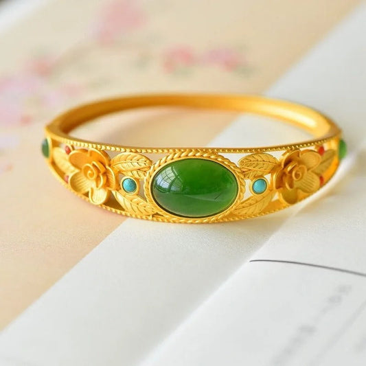 Timeless Gold Green Stone & Floral Bangle Bracelet-Mialla Jewelry