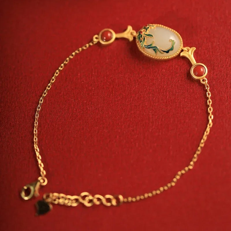Vintage Gold Green & Red Coral Gem Floral Bracelet-Mialla Jewelry