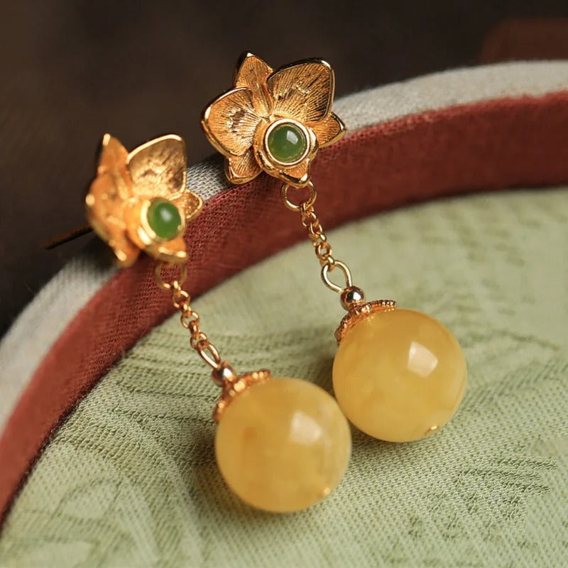 Vintage Gold Yellow Ball Gemstones & Green Floral Earrings-Mialla Jewelry