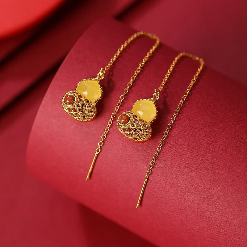 Vintage Gold & Yellow Teardrop Gourd Fringed Earrings-Mialla Jewelry