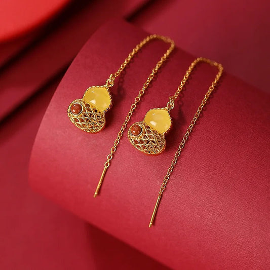 Vintage Gold & Yellow Teardrop Gourd Fringed Earrings-Mialla Jewelry