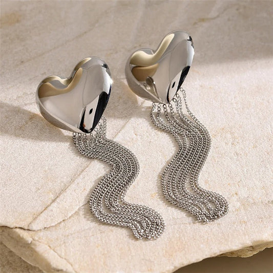 Classic Silver Heart Tassel Chain Design Earrings-Mialla Jewelry