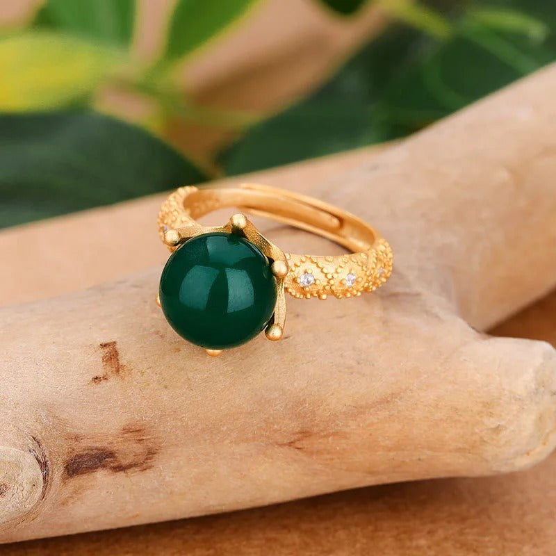 Vintage Gold Natural Green Bead Crown Adjustable Ring-Mialla Jewelry