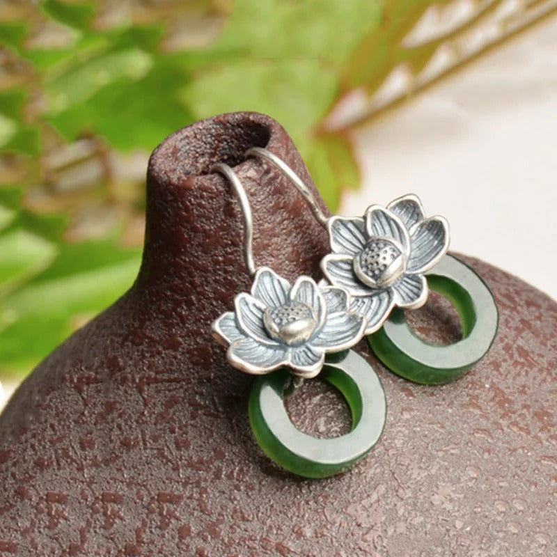 Classic Silver & Green Jade Flower Drop Earrings-Mialla Jewelry