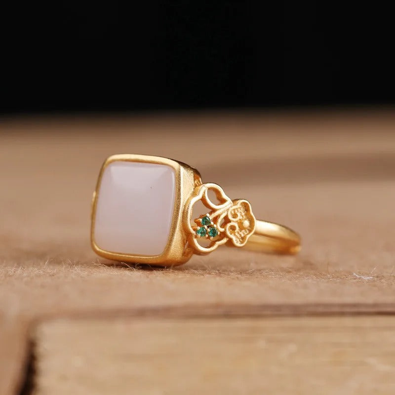 Vintage Gold Square White Stone & Floral Accent Adjustable Ring-Mialla Jewelry