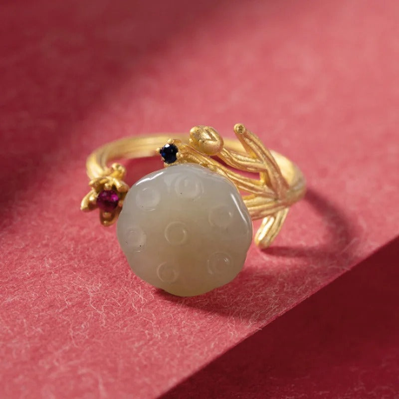 Vintage Gold Carved Green Stone & Floral Accent Adjustable Ring-Mialla Jewelry
