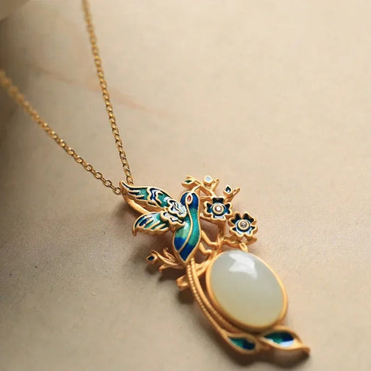 Classic Gold Bird & Flower Oval Gem Centerpiece Necklace-Mialla Jewelry