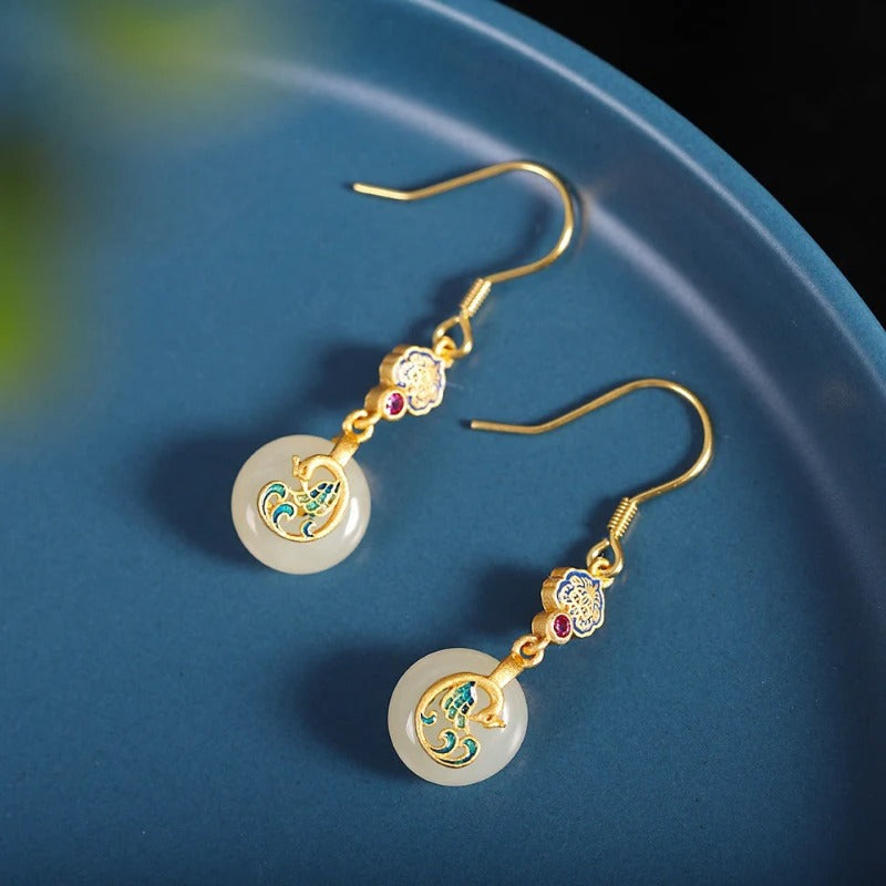 Vintage Gold & Floral Circle Phoenix Dance Drop Earrings-Mialla Jewelry