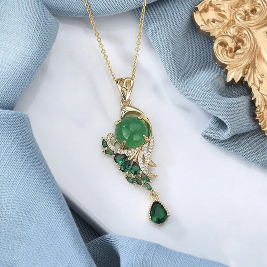 Classic Gold & Wind Green Crystal Phoenix Necklace-Mialla Jewelry