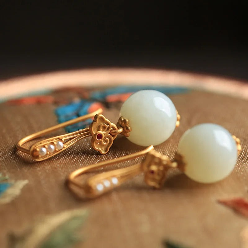 Vintage Gold White Inlaid Pearl Floral Design Earrings-Mialla Jewelry