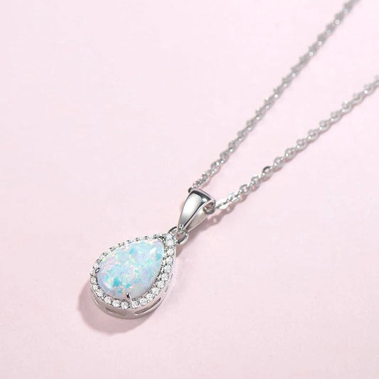 Silver Pear Opal Pendant Necklace-Mialla Jewelry