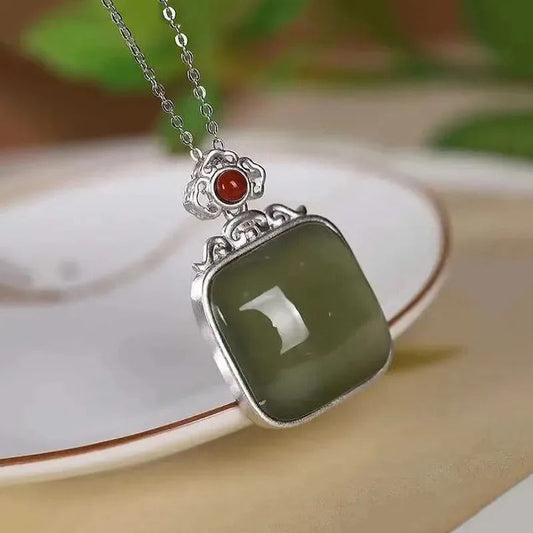 Classic Silver Green Square Gem Pendant Necklace-Mialla Jewelry