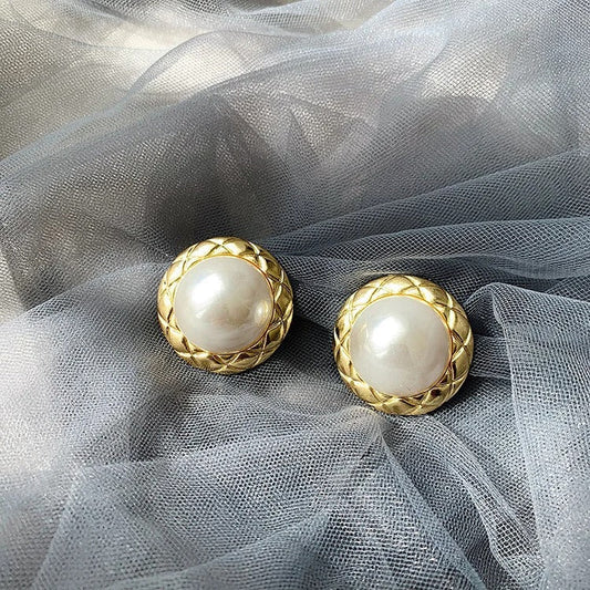 Vintage Gold Large Pearl Center Earrings-Mialla Jewelry