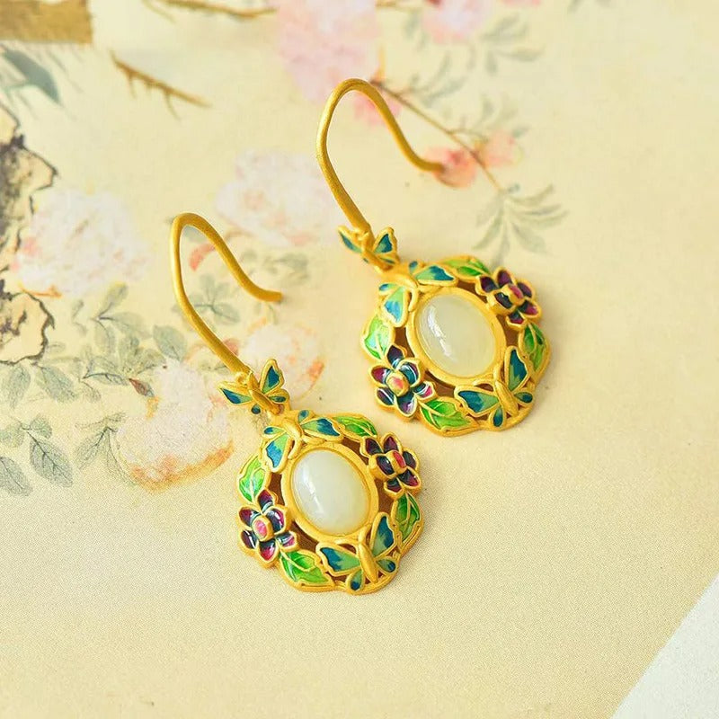 Vintage Gold & Green Floral White Gemstone Drop Earrings-Mialla Jewelry