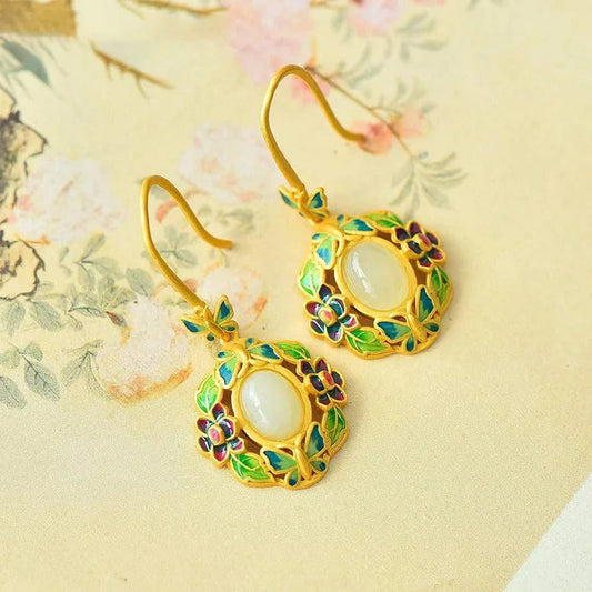 Vintage Gold & Green Floral White Gemstone Drop Earrings-Mialla Jewelry