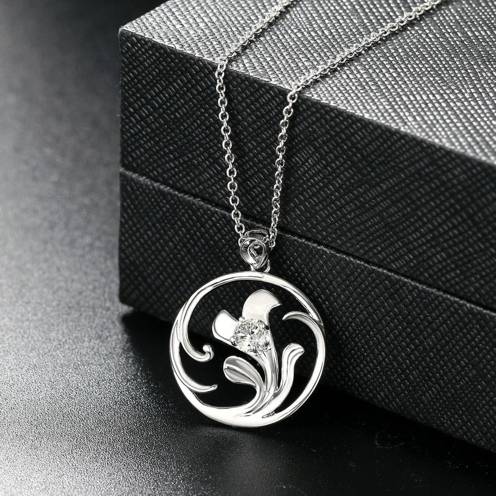 Antique Silver Swirling Floral & Gemstone Necklace-Mialla Jewelry