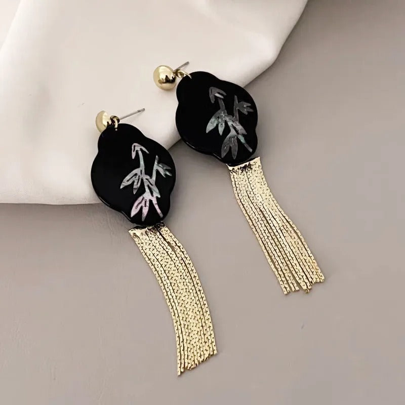 Vintage Black & Gold Tassel Bamboo Dangle Earrings-Mialla Jewelry