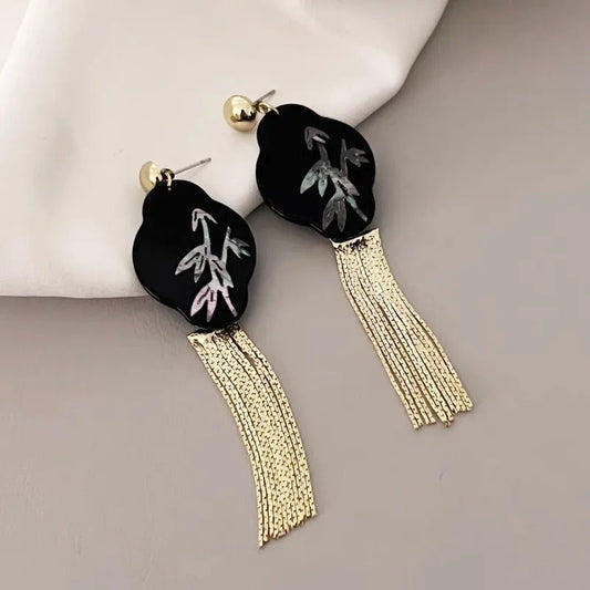Vintage Black & Gold Tassel Bamboo Dangle Earrings-Mialla Jewelry