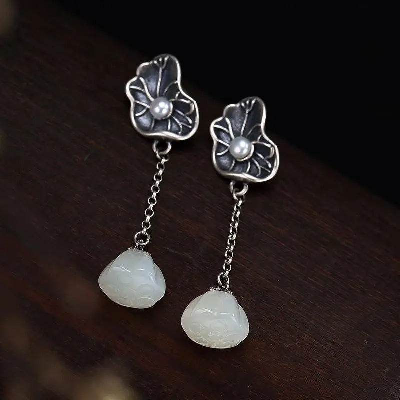 Classic Silver & White Jade Lotus Leaf Pearl Earrings-Mialla Jewelry