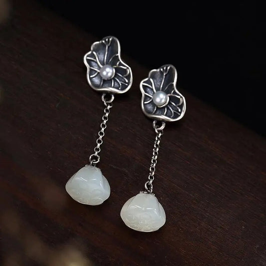 Classic Silver & White Jade Lotus Leaf Pearl Earrings-Mialla Jewelry