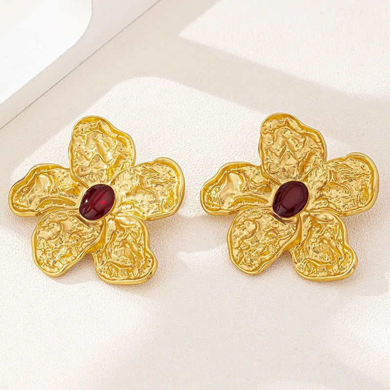 Classic Gold Flower Oval Red Stone Earrings-Mialla Jewelry