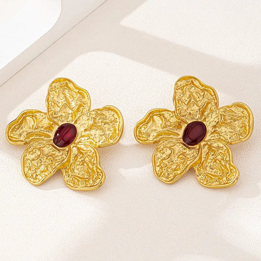 Classic Gold Flower Oval Red Stone Earrings-Mialla Jewelry