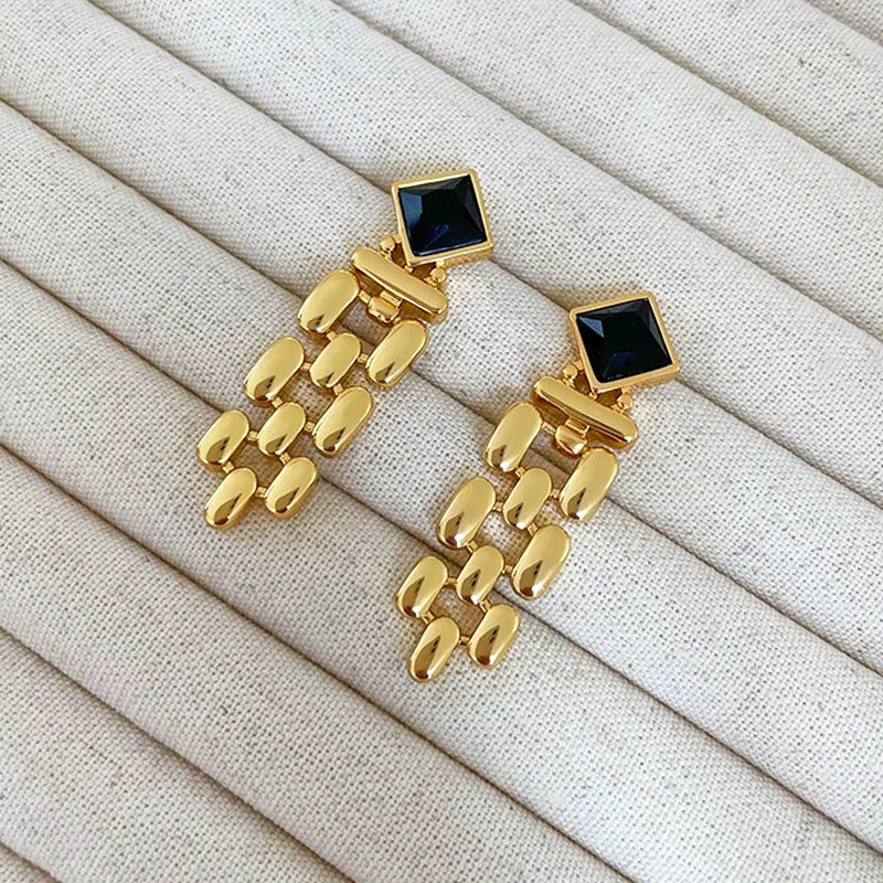 Vintage Gold Long Tassel Black Crystal Stud Earrings-Mialla Jewelry