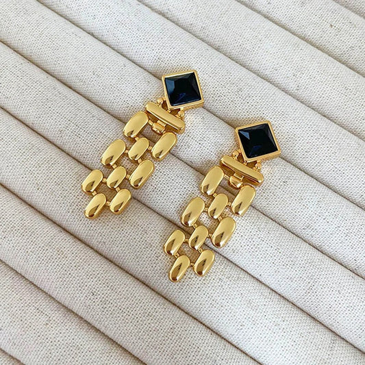 Vintage Gold Long Tassel Black Crystal Stud Earrings-Mialla Jewelry