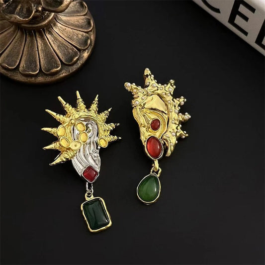 Vintage Gold & Silver Spiked Shell Colored Accent Stone Earrings-Mialla Jewelry