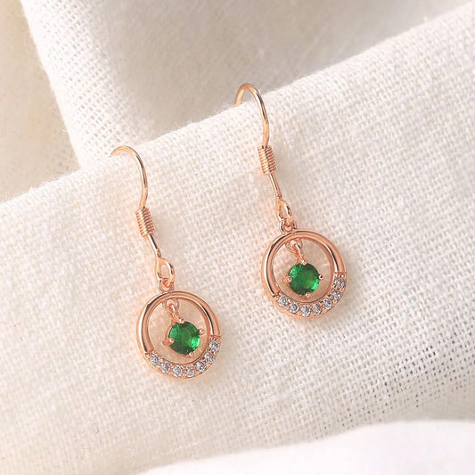 Classic Rose Gold Green Gem & Crystal Ring Drop Earrings-Mialla Jewelry