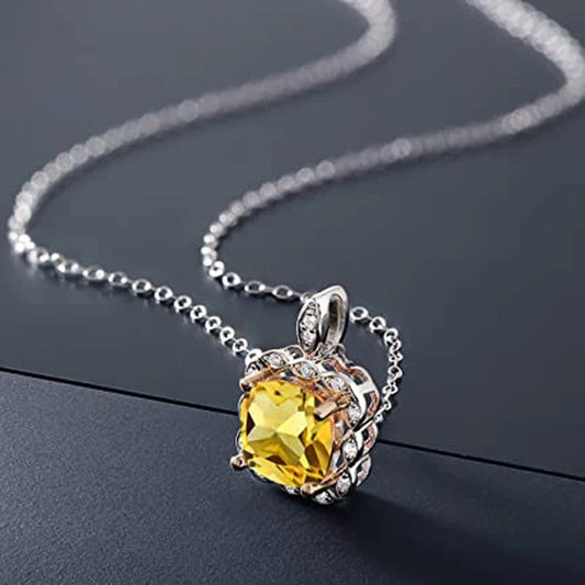 Vintage Silver Yellow Square Crystal Necklace-USA Jewellery