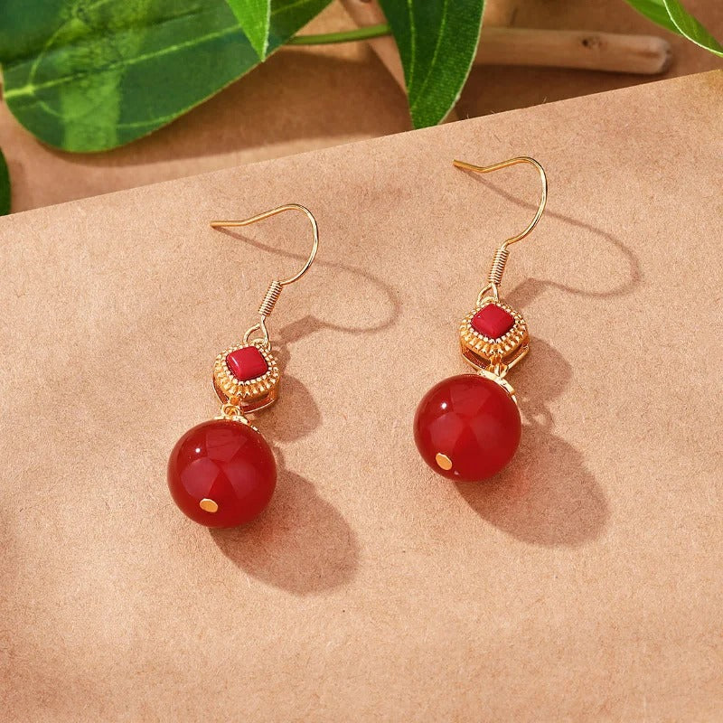 Vintage Gold & Red Gemstone Round Bead Dangle Earrings-Mialla Jewelry