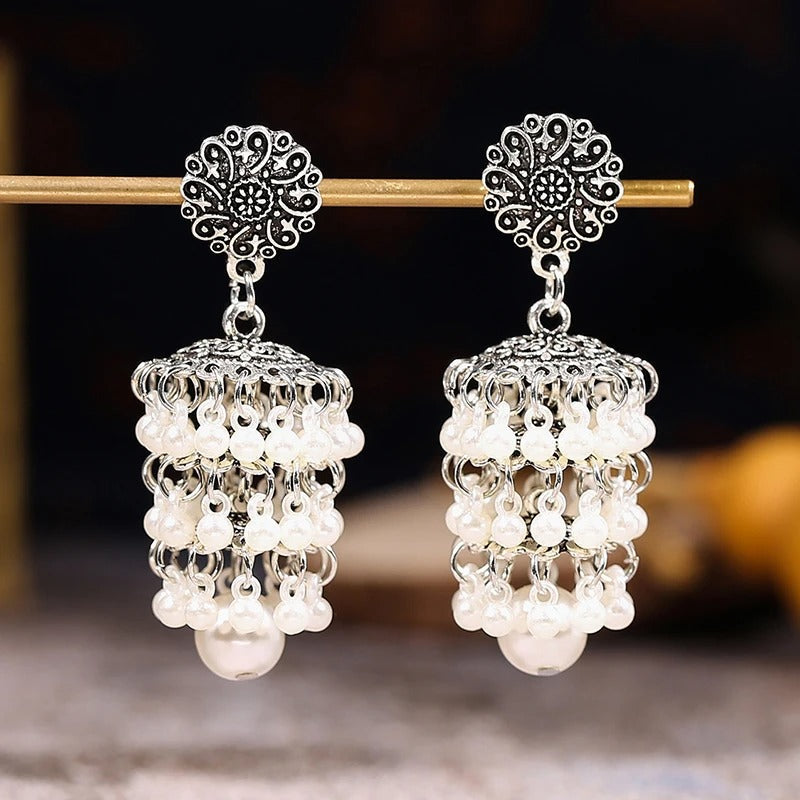 Vintage Silver Layered Pearl Drop Earring-Mialla Jewelry