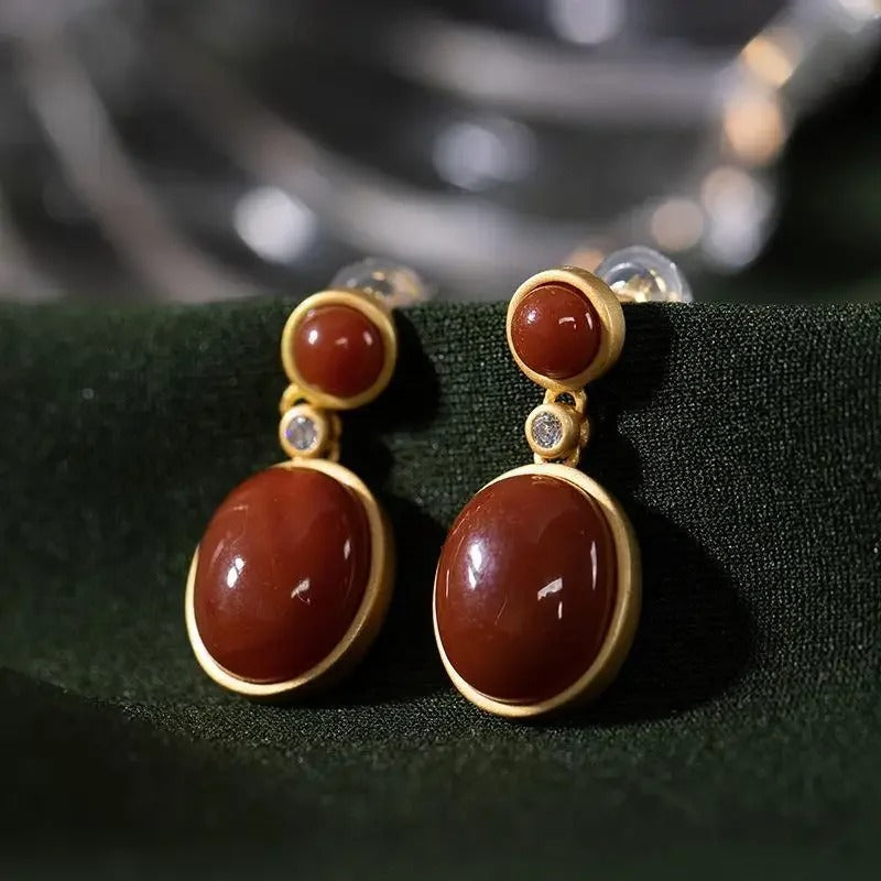 Classic Gold & Red Gemstone Dangle Earrings-USA Jewellery