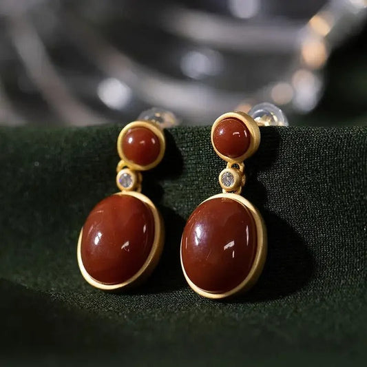 Classic Gold & Red Gemstone Dangle Earrings-Mialla Jewelry