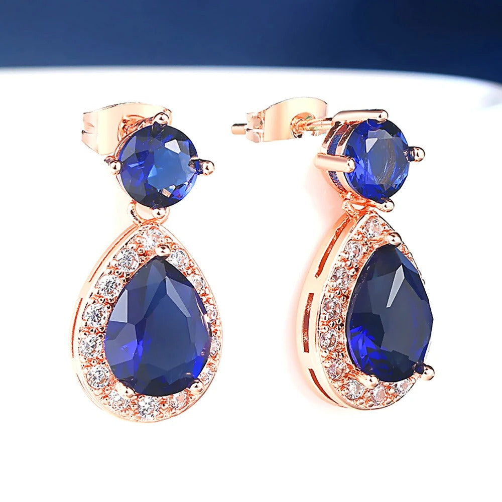 Rose Gold Blue & White Gemstone Drop Earrings-Mialla Jewelry