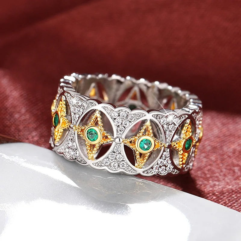Silver Starburst Green Stone Vintage Ring-Mialla Jewelry