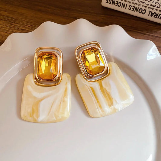 Timeless Gold Rectangular Yellow Gemstone & Marble Effect Earrings-Mialla Jewelry