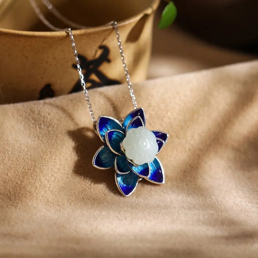 Vintage Blue Lotus Floral Pendant Necklace-Mialla Jewelry